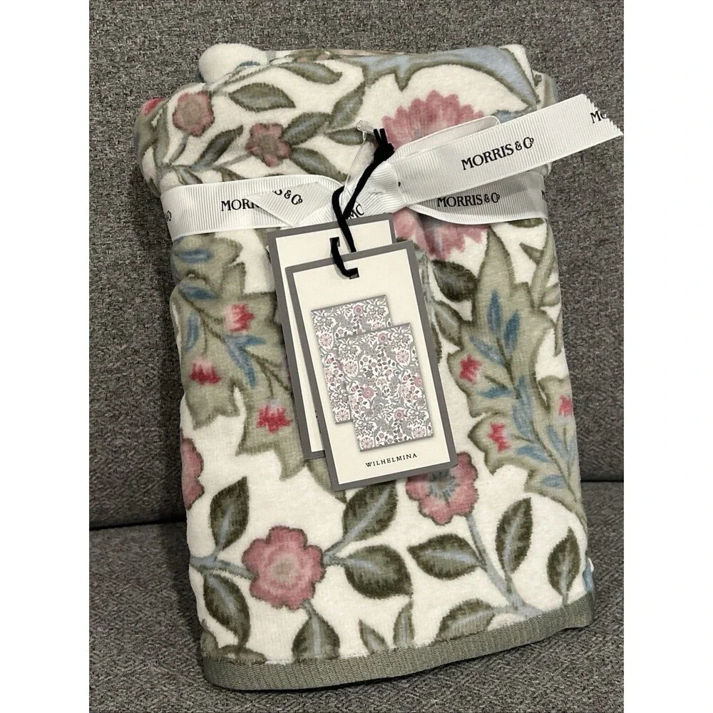 2 Morris & Co. Wilhelmina Floral Velour HAND Towels Botanical Green Pink New